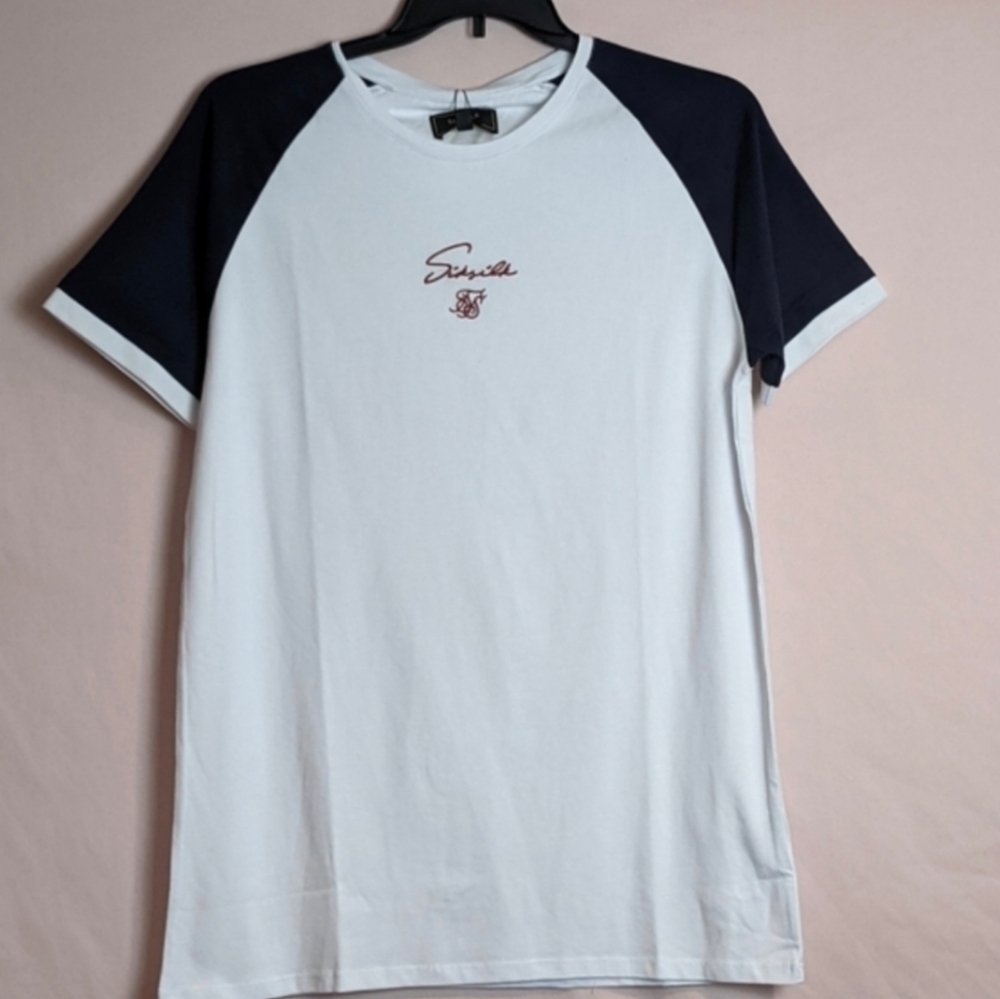 SikSilk Raglan Tech Short Sleeve Tee in Navy and White size Large